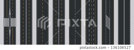 Top view asphalt vector road tiles with single and multi lane, crosswalks and striped traffic zones. Wide highways, standard and intersections street roads for transportation maps, or city planning 136106527
