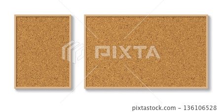 Two cork bulletin boards with wooden frames and pin billboards. Realistic cork texture with natural brown granules and rough surface. Vector canvas mockup for school, office and business space 136106528