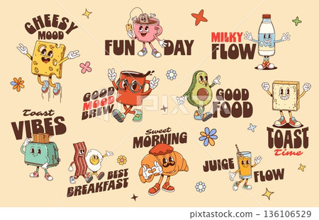 Funky breakfast food and drink y2k groovy stickers with vector slogans. Cheesy mood, fun day, milky flow, toast vibes. Good mood brew, good food, sweet morning. Toast time, best breakfast, juice flow Funky breakfast food and drink y2k groovy stickers with vector slogans. Cheesy mood, fun day, milky flow, toast vibes. Good mood brew, good food, sweet morning. Toast time, best breakfast, juice flow 136106529