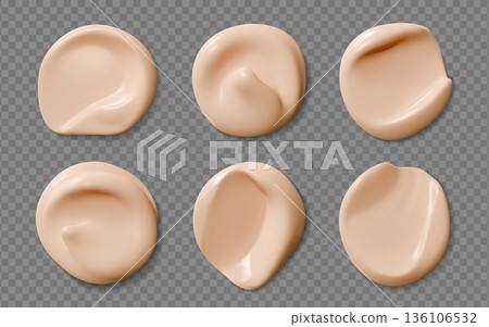 Realistic beige foundation cream swatch, skincare cosmetic smudges or drops set. Liquid powder or bb creme. 3d vector smooth concealer strokes. Creamy cosmetics glossy finish, beauty product sample 136106532