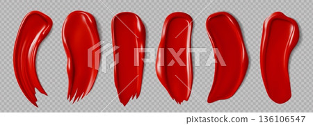 Realistic red lipstick cosmetic swatches, vector makeup and beauty products. 3d lipstick and lip gloss brush strokes with cream texture. Matte red lips makeup swatches set on transparent background Realistic red lipstick cosmetic swatches, vector makeup and beauty products. 3d lipstick and lip gloss brush strokes with cream texture. Matte red lips makeup swatches set on transparent background 136106547