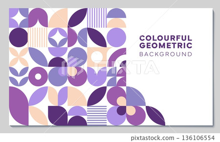 Abstract modern background with purple geometric pattern. Vector graphic circle, square, triangle, line and arc shapes pattern border for poster template. Abstract geometric flower mosaic background 136106554
