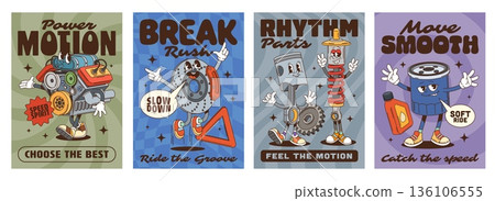 Car spare parts groovy characters retro posters, vector auto service. Cartoon car engine, vehicle piston and suspension spring, retro groovy brakes, auto motor oil and filter characters posters set 136106555