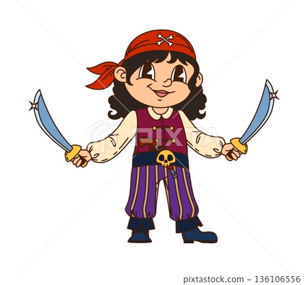 Girl kid pirate sailor cartoon funny character. Child sailor bandit cute personage, kid corsair skipper cheerful isolated vector mascot. Filibuster pirate boatswain character with two cutlass swords 136106556