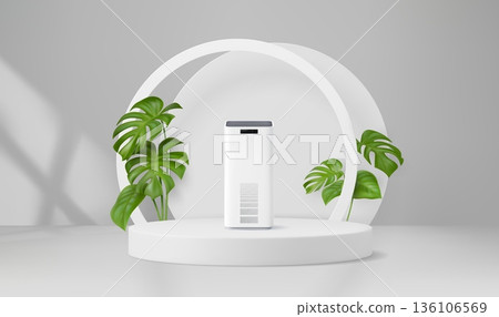 3d white podium vector stand with air purifier on round pedestal stage and green monstera leaves on circular arch. Home appliance, air cleaning, eco smart technology presentation podium mockup 3d white podium vector stand with air purifier on round pedestal stage and green monstera leaves on circular arch. Home appliance, air cleaning, eco smart technology presentation podium mockup 136106569