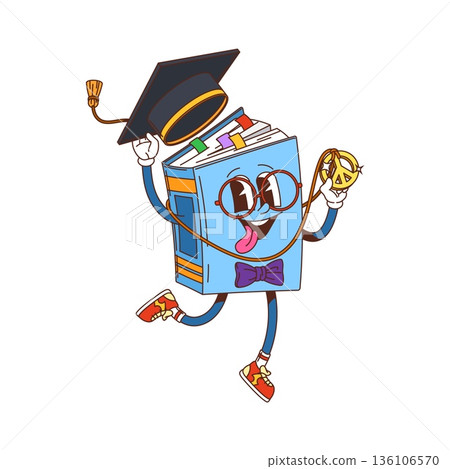 Groovy book character with blue cover, graduation cap, red sneakers, peace sign necklace, and glasses, sticking out its tongue. Playful vector character for library promotions, and school stickers 136106570