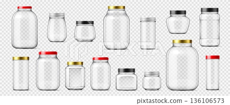 Realistic glass canning and mason jars, empty storage glassware vector 3d mockup. Jam, pickles and sauce canning containers with color metal screw lids. Homemade food preservation glass jars set 136106573