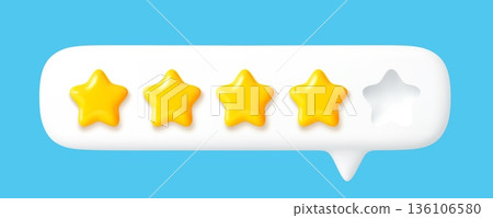 3d star rate evaluation icon, customer review feedback speech bubble. Vector realistic four gold stars of five customer satisfaction rating, evaluation survey or feedback review of product or service 3d star rate evaluation icon, customer review feedback speech bubble. Vector realistic four gold stars of five customer satisfaction rating, evaluation survey or feedback review of product or service 136106580