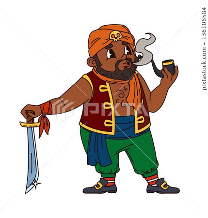 Turkish corsair pirate cartoon adorable character. Corsair captain cute personage, sailor bandit vector mascot. Pirate fighter or gunner happy character with sword, wearing turban and smoking pipe Turkish corsair pirate cartoon adorable character. Corsair captain cute personage, sailor bandit vector mascot. Pirate fighter or gunner happy character with sword, wearing turban and smoking pipe 136106584