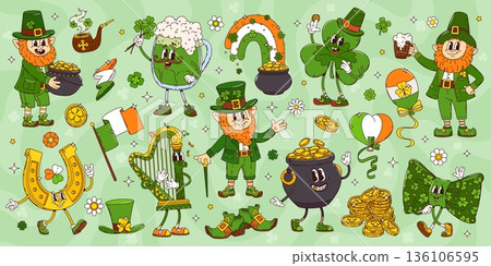Cartoon St Patrick Day groovy leprechaun, gold, clover and horseshoe characters, vector irish holiday. Vintage lucky shamrock, green beer and hat. Groovy Patricks Day leprechaun, gold pot and rainbow Cartoon St Patrick Day groovy leprechaun, gold, clover and horseshoe characters, vector irish holiday. Vintage lucky shamrock, green beer and hat. Groovy Patricks Day leprechaun, gold pot and rainbow 136106595