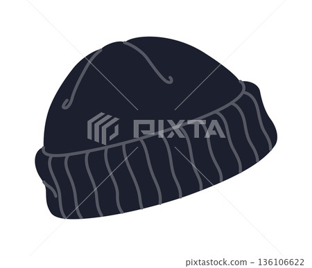 Winter wardrobe black beanie hat, warm clothing element. Winter wardrobe black beanie hat accessory, autumn or spring apparel outfit vector item. Warm clothes isolated element or sticker 136106622