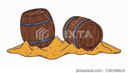 Pirate island cartoon wooden barrel, treasure map detail. Piracy nautical adventure element, treasure island vector map constructor detail. Pirate provision, rum or powder wooden barrels on beach sand Pirate island cartoon wooden barrel, treasure map detail. Piracy nautical adventure element, treasure island vector map constructor detail. Pirate provision, rum or powder wooden barrels on beach sand 136106624