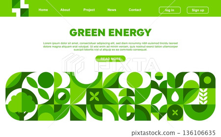 Environment ecology company landing page with geometric pattern. Eco green energy landing page vector template of ecology sustainable business with border of abstract tree, heart and flower pattern 136106635