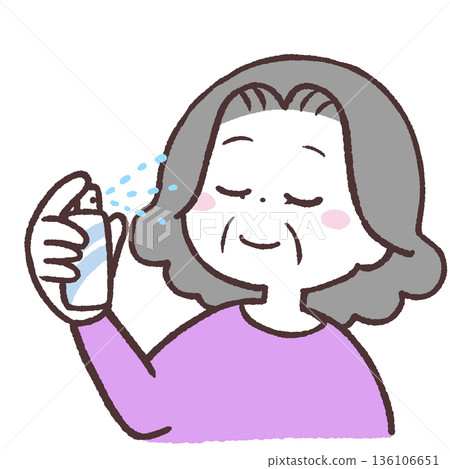 一位老年婦女正在噴灑臉部的插圖 一位老年婦女正在噴灑臉部的插圖 136106651