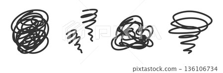 Hand-drawn line illustrations expressing vague, messy, and turbulent emotions. Abstract images of anxiety and confusion. 136106734