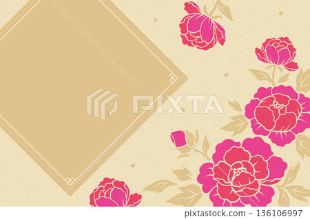 Japanese-style background frame with elegant peony flowers 136106997