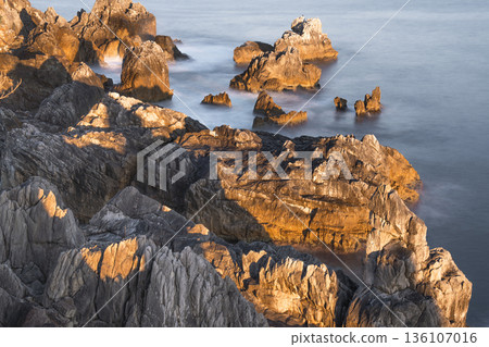 Ogama and Hanzo's strangely shaped rocky coastline, bathed in the morning sun | Karakuwa Town, Kesennuma City, Miyagi Prefecture 136107016