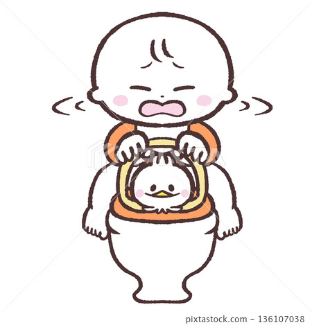 Illustration of a baby sitting on a toilet seat and shaking his head Illustration of a baby sitting on a toilet seat and shaking his head 136107038