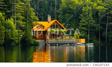 Serene lakeside cabin surrounded by lush forest with a cozy wooden design, reflecting on calm water, perfect for a peaceful retreat. Serene lakeside cabin surrounded by lush forest with a cozy wooden design, reflecting on calm water, perfect for a peaceful retreat. 136107143