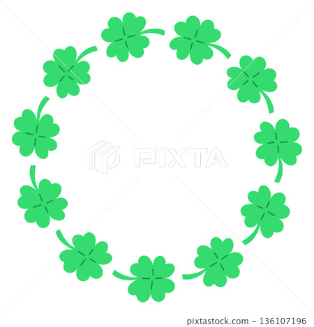 Whimsical vector circular frame made of green clover leaves. Cute hand drawn shamrock wreath isolated on white background, perfect for St Patricks Day designs, invitations, cards, and seasonal decor. Whimsical vector circular frame made of green clover leaves. Cute hand drawn shamrock wreath isolated on white background, perfect for St Patricks Day designs, invitations, cards, and seasonal decor. 136107196