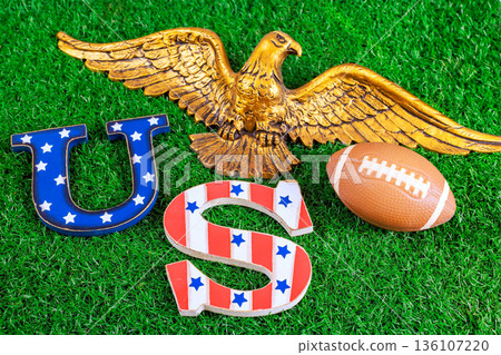 American football US decorative letters on green grass an eagle statue is above them, super bowl sports theme. 136107220