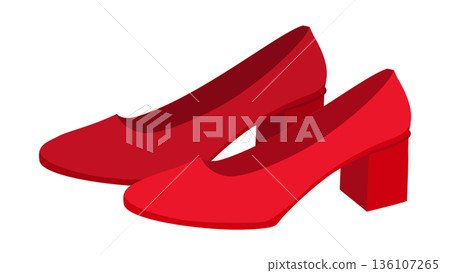 Red block heel pump shoe women flat pair. Closed toe dress shoe for night out, festive occasion, confident modern style. 136107265