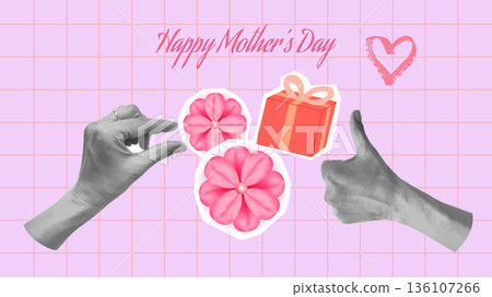 Mothers Day Collage Flowers Hearts Love Mom. For card poster social media graphic or web design in marketing campaigns. Vector illustration. 136107266