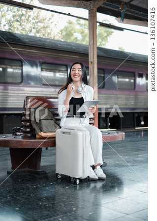 Smiling woman traveler with suitcase and tablet waiting at train station, ready for her next journey. 136107416