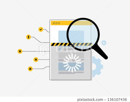 SEO audit web page inspection with magnifying glass, error detection checks, loading optimization gears and caution alerts for digital performance analysis in seo website maintenance, cybersecurity 136107436