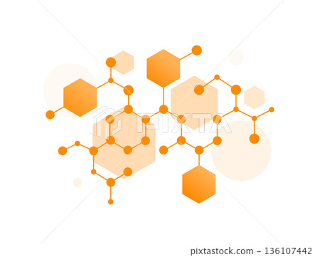 Molecular structure abstract vector illustration depicting hexagon network connections, chemical bonds in orange tones, nanotechnology concept for scientific research, biotech innovation concept Molecular structure abstract vector illustration depicting hexagon network connections, chemical bonds in orange tones, nanotechnology concept for scientific research, biotech innovation concept 136107442
