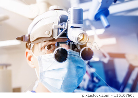 Portrait of spinal surgeon in operating room with surgery equipment. Portrait of spinal surgeon in operating room with surgery equipment. 136107605