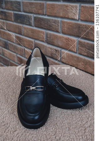 Elegant black leather womens shoes displayed. New black leather female shoes with glossy finish, perfect for style magazines footwear ads and modern elegant fashion e-commerce layouts. No logo 136107741