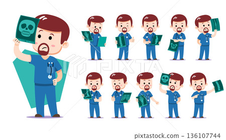 Cute chibi male orthopedist doctor character set in blue scrubs. Flat vector illustration featuring various bone X-ray films such as skull, spine, and joints. Ideal for orthopedic clinic design. 136107744