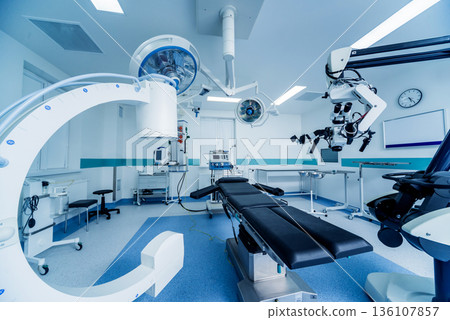 Modern equipment in operating room. Medical devices for neurosurgery. Modern equipment in operating room. Medical devices for neurosurgery. 136107857