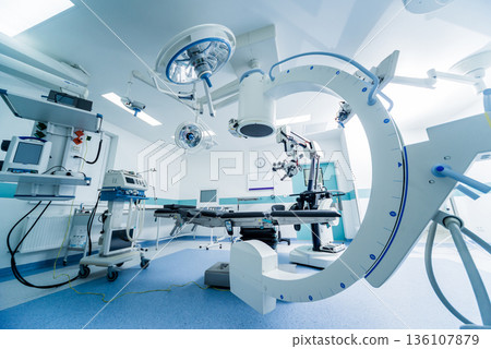 Modern equipment in operating room. Medical devices for neurosurgery. 136107879