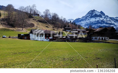 Interlaken,  Switzerland - March 17 2023: Surrounding View of Mountanious Interlaken  136108208