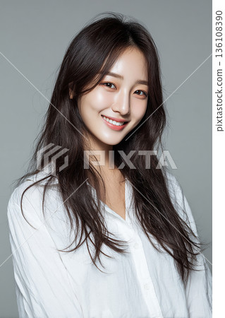 一位微笑的年輕女子穿著白襯衫,正在求職或商務活動。 一位微笑的年輕女子穿著白襯衫,正在求職或商務活動。 136108390