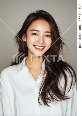 一位笑容甜美、儀態萬方的亞洲女性，照片乾淨整潔，類似護照照片。 136108392