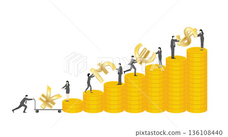 Business people organizing major currency symbols on rising gold coin bar chart, global market expansion and wealth accumulation concept Business people organizing major currency symbols on rising gold coin bar chart, global market expansion and wealth accumulation concept 136108440