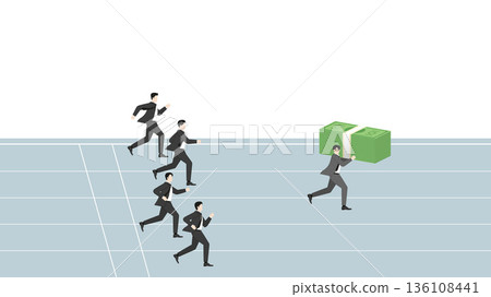 Businessman running on track carrying big money stack leading competitors, business success and financial competition concept 136108441