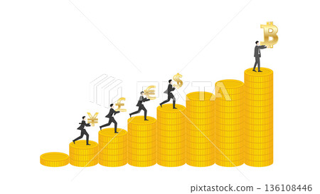 Businessman holding Bitcoin on top of rising gold coin bar chart leading major currencies, digital investment and financial growth concept 136108446