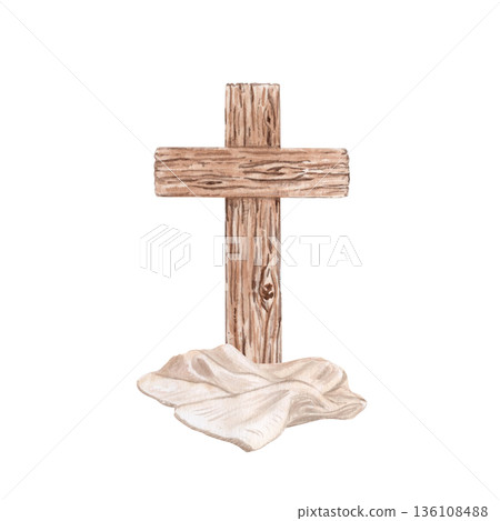 Cross with burial cloths laid beneath watercolor illustration isolated on white. Clean religious still life perfect for Easter, Lent themes, church media, sermons, and faith-based design. Symbolic Cross with burial cloths laid beneath watercolor illustration isolated on white. Clean religious still life perfect for Easter, Lent themes, church media, sermons, and faith-based design. Symbolic 136108488