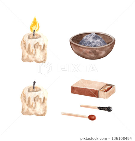 Matchbox, whole and burned match, lit and extinguished candle stub, and bowl with ash watercolor set. Design elements for Lent themes, Christian reflection, church media, sermons, and religious design 136108494