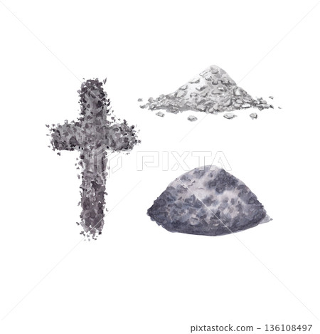 Piles of ashes, ash cross watercolor set isolated on white for Christian design, church layout, devotional content, spiritual reflection projects. Mortality, humility, repentance during Lent season 136108497