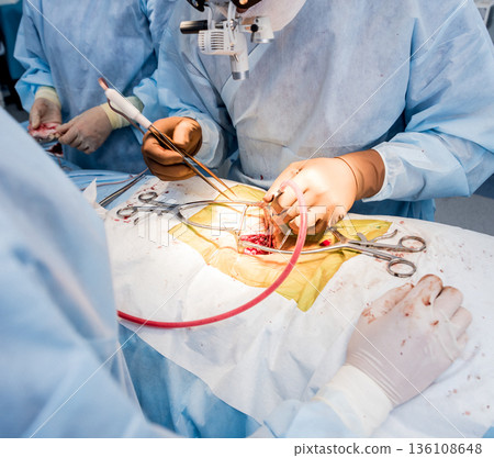 Spinal surgery. Group of surgeons in operating room with surgery equipment.  136108648