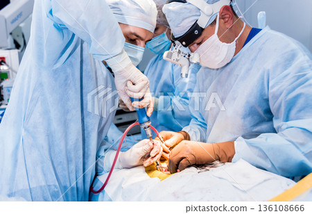 Spinal surgery. Group of surgeons in operating room with surgery equipment. Spinal surgery. Group of surgeons in operating room with surgery equipment. 136108666