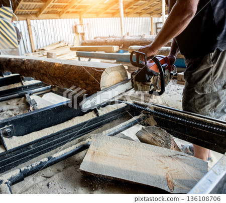Woodcutter cutting tree with chainsaw on sawmill. Modern sawmill. Woodcutter cutting tree with chainsaw on sawmill. Modern sawmill. 136108706
