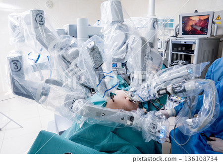 Modern surgical system. Medical robot. Minimally invasive robotic surgery. Modern surgical system. Medical robot. Minimally invasive robotic surgery. 136108734