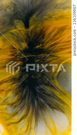 Defocused spreading paint. Color blob blot. Black gray fluid explosion on yellow acrylic background. Art blend abstract dirty texture. Defocused spreading paint. Color blob blot. Black gray fluid explosion on yellow acrylic background. Art blend abstract dirty texture. 136109007