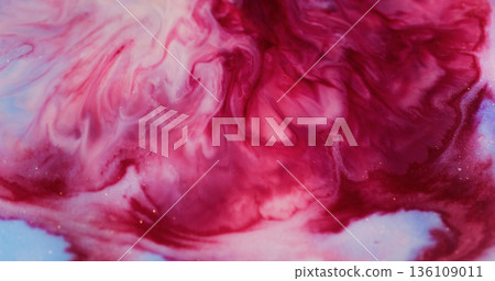 Dye stream blur. Ink spill. Bright red blob explosion on white acrylic paint. Art sparkling particles flow abstract color background. Dye stream blur. Ink spill. Bright red blob explosion on white acrylic paint. Art sparkling particles flow abstract color background. 136109011